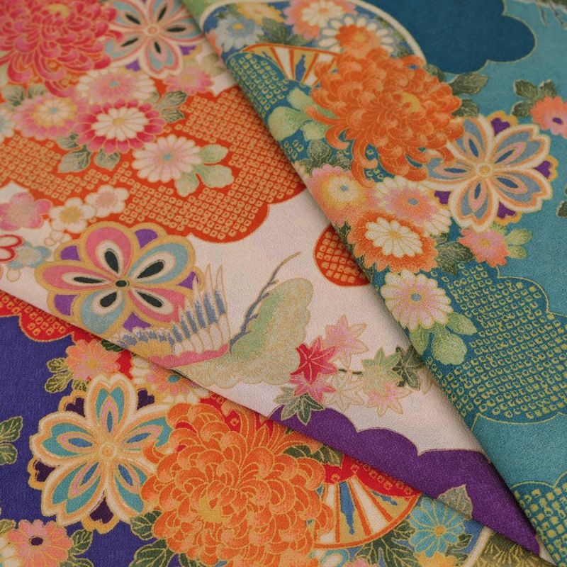 一越ちりめん生地 疋田雲に鶴と菊(青碧) 10cm単位 切り売り ひとこしちりめん 薄手縮緬 古典柄 伝統柄 鶴柄 吉祥文様 青緑色