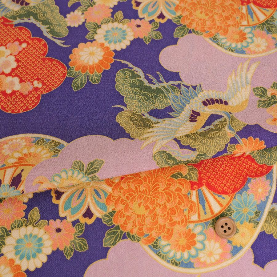 一越ちりめん生地 疋田雲に鶴と菊(紫苑色) 10cm単位 切り売り ひとこしちりめん 薄手縮緬 古典柄 伝統柄 鶴柄 吉祥文様 手芸用