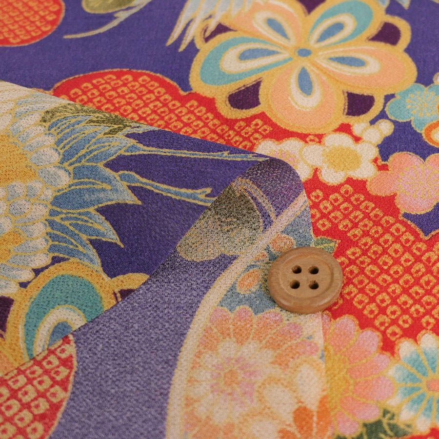 一越ちりめん生地 疋田雲に鶴と菊(紫苑色) 10cm単位 切り売り ひとこしちりめん 薄手縮緬 古典柄 伝統柄 鶴柄 吉祥文様 手芸用