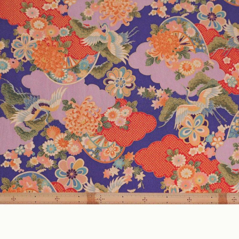 一越ちりめん生地 疋田雲に鶴と菊(紫苑色) 10cm単位 切り売り ひとこしちりめん 薄手縮緬 古典柄 伝統柄 鶴柄 吉祥文様 手芸用