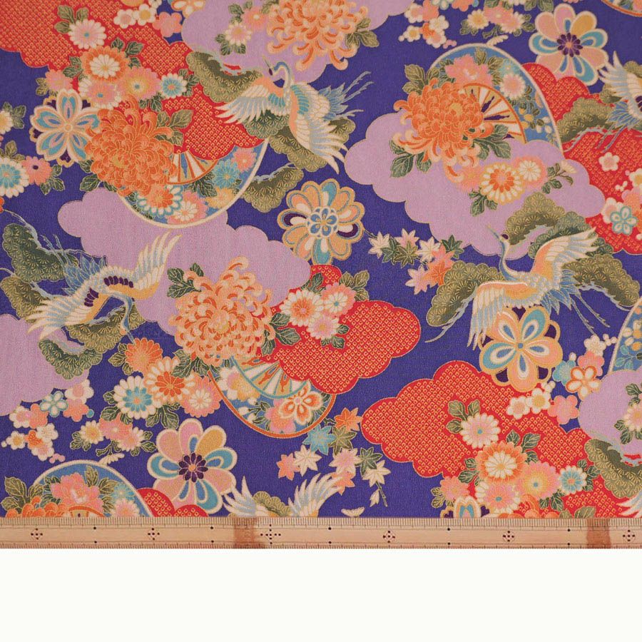 一越ちりめん生地 疋田雲に鶴と菊(紫苑色) 10cm単位 切り売り ひとこしちりめん 薄手縮緬 古典柄 伝統柄 鶴柄 吉祥文様 手芸用