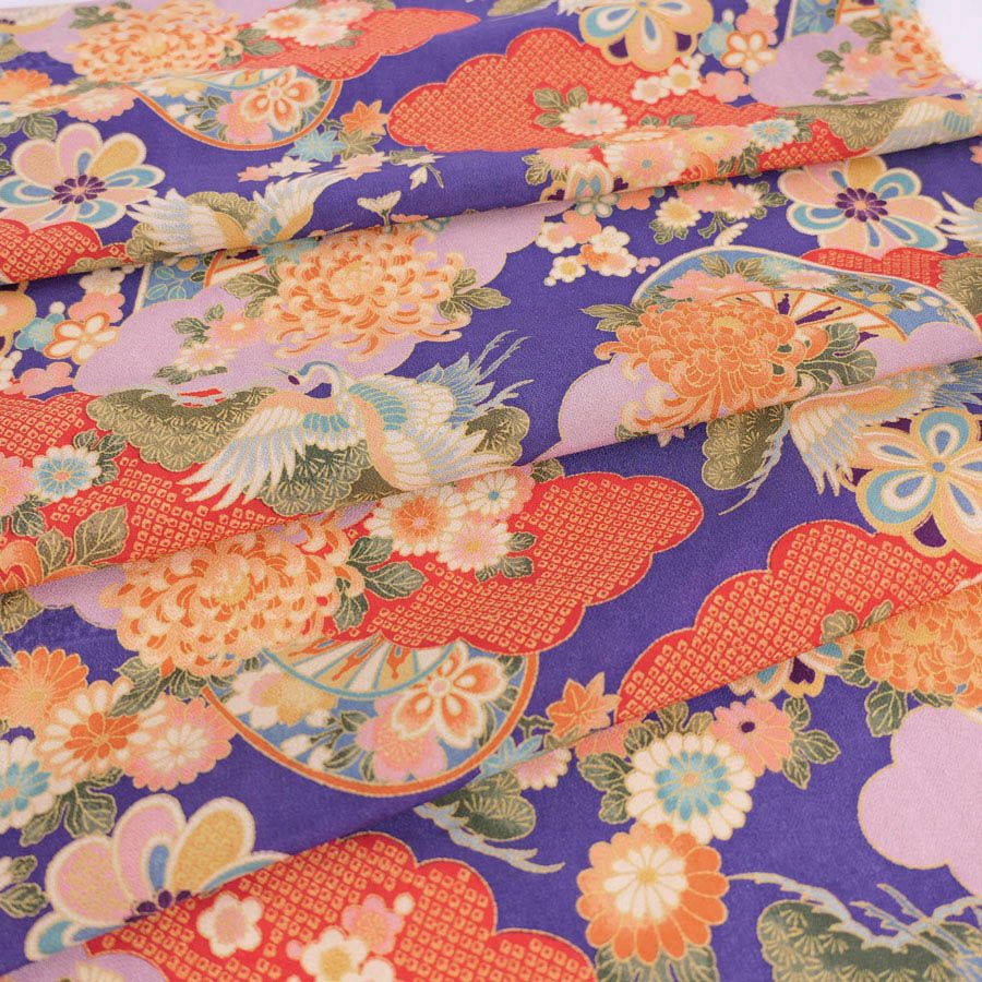 一越ちりめん生地 疋田雲に鶴と菊(紫苑色) 10cm単位 切り売り ひとこしちりめん 薄手縮緬 古典柄 伝統柄 鶴柄 吉祥文様 手芸用