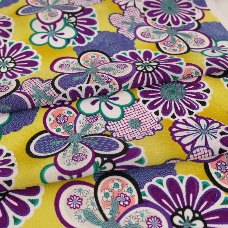 一越ちりめん生地 菊と梅(黄色) 10cm単位 切り売り ひとこしちりめん 薄手縮緬 菊柄 梅柄チリメン 手芸用和柄布地