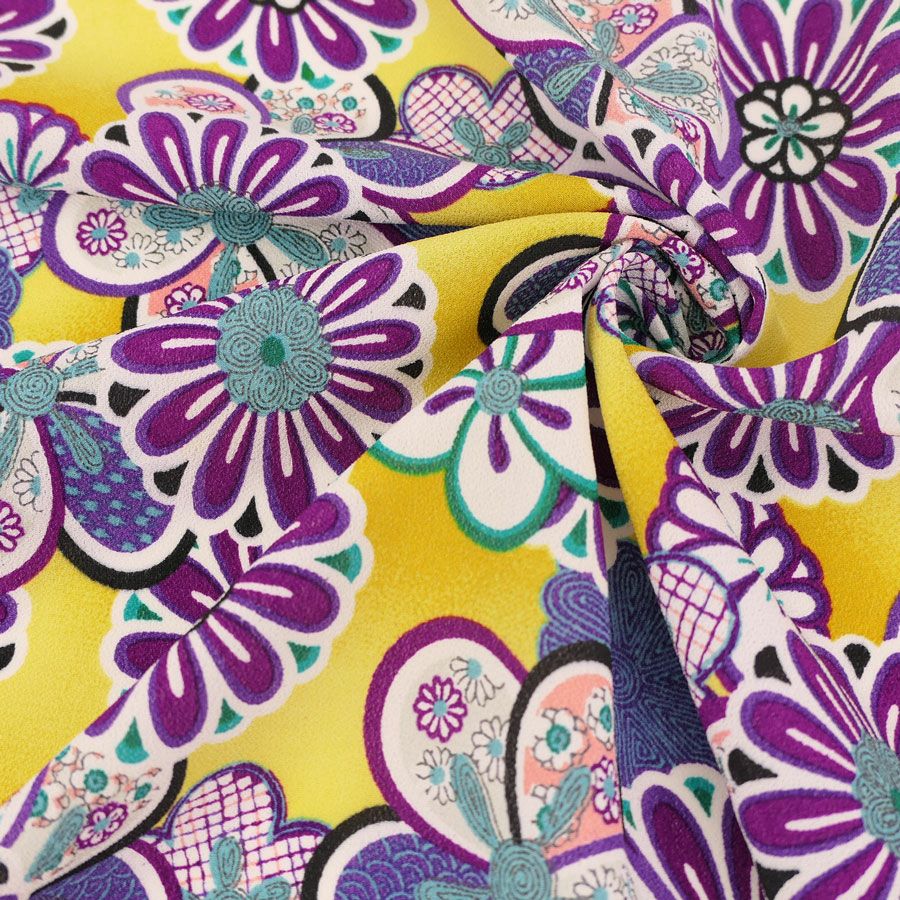 一越ちりめん生地 菊と梅(黄色) 10cm単位 切り売り ひとこしちりめん 薄手縮緬 菊柄 梅柄チリメン 手芸用和柄布地