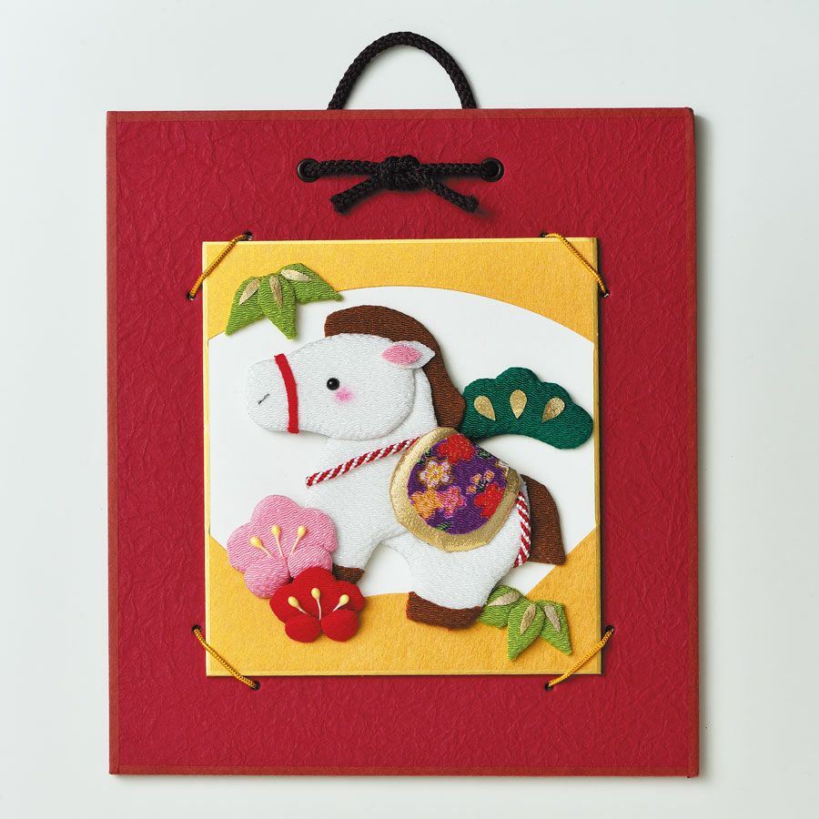 2026干支キット 押絵の豆色紙 招福午 2026年午年干支押し絵 布絵の馬ハンドメイドキット ミニ壁掛け