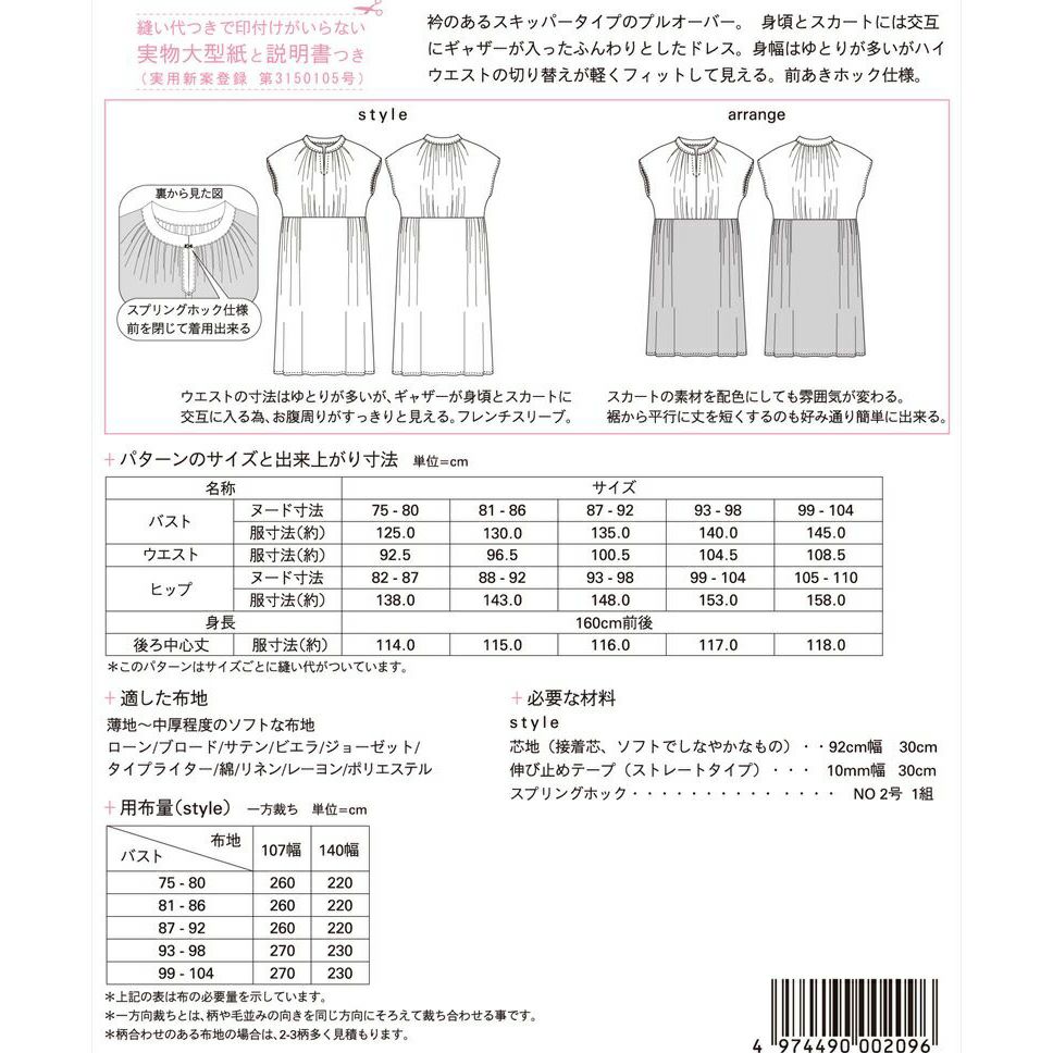 実物大型紙・スキッパーギャザードレス Mパターン研究所 簡単半袖ワンピース型紙 フレンチスリーブ