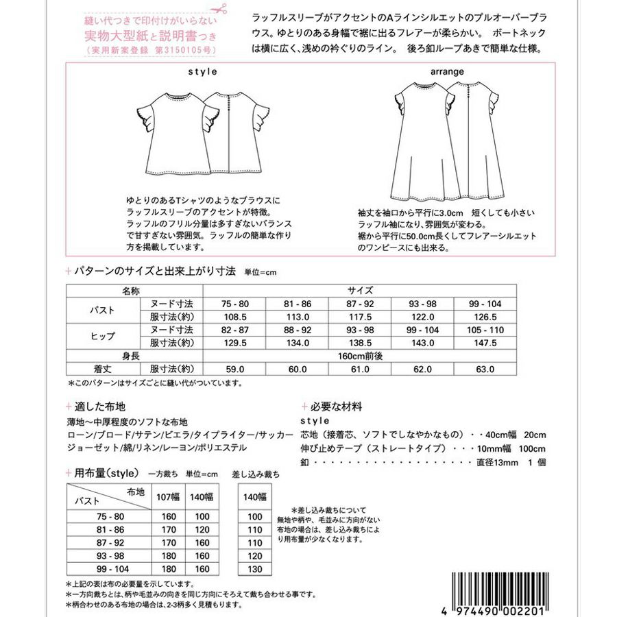 実物大型紙・ラッフルスリーブブラウス サンフィットパターン フレアーワンピース ボリュームスリーブ