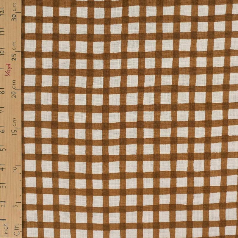 麻みたいなコットン生地 チェック柄 (ブラウン) 10cm単位 切り売り ナチュラルな風合いリネンライクスラブ チェック柄 茶色くるみ