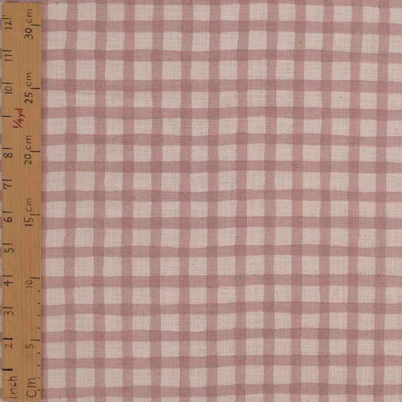 麻みたいなコットン生地 チェック柄 (ダスティピンク) 10cm単位 切り売り 大人カワイイチェック柄リネンライクコットン ピンクアーモンド