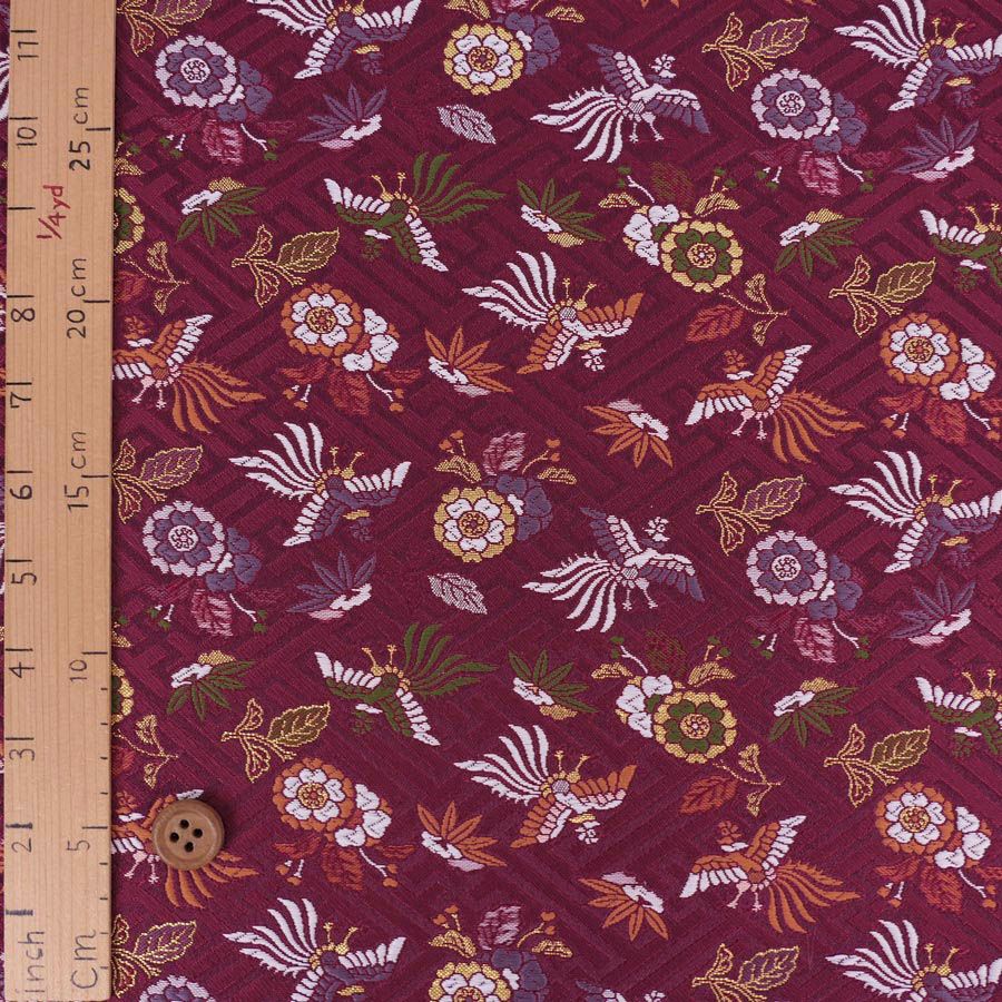 金襴生地(金らん) さやがた地に鳳凰と花(えんじ) 10cm単位 切り売り 鳳凰柄織物 西陣織きんらん 吉祥文様和柄布赤系色 伝統柄さや型