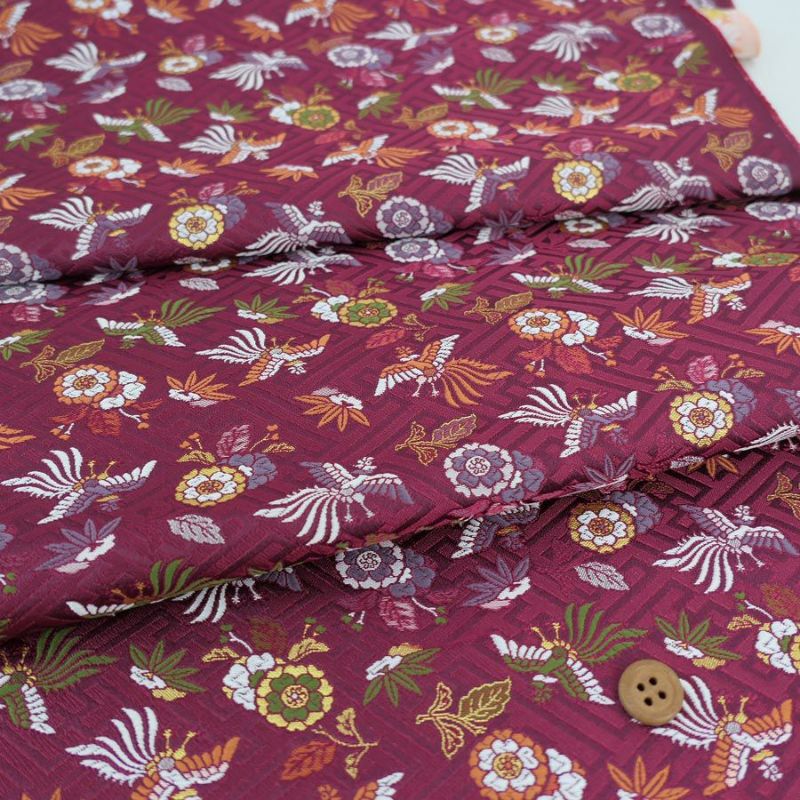 金襴生地(金らん) さやがた地に鳳凰と花(えんじ) 10cm単位 切り売り 鳳凰柄織物 西陣織きんらん 吉祥文様和柄布赤系色 伝統柄さや型