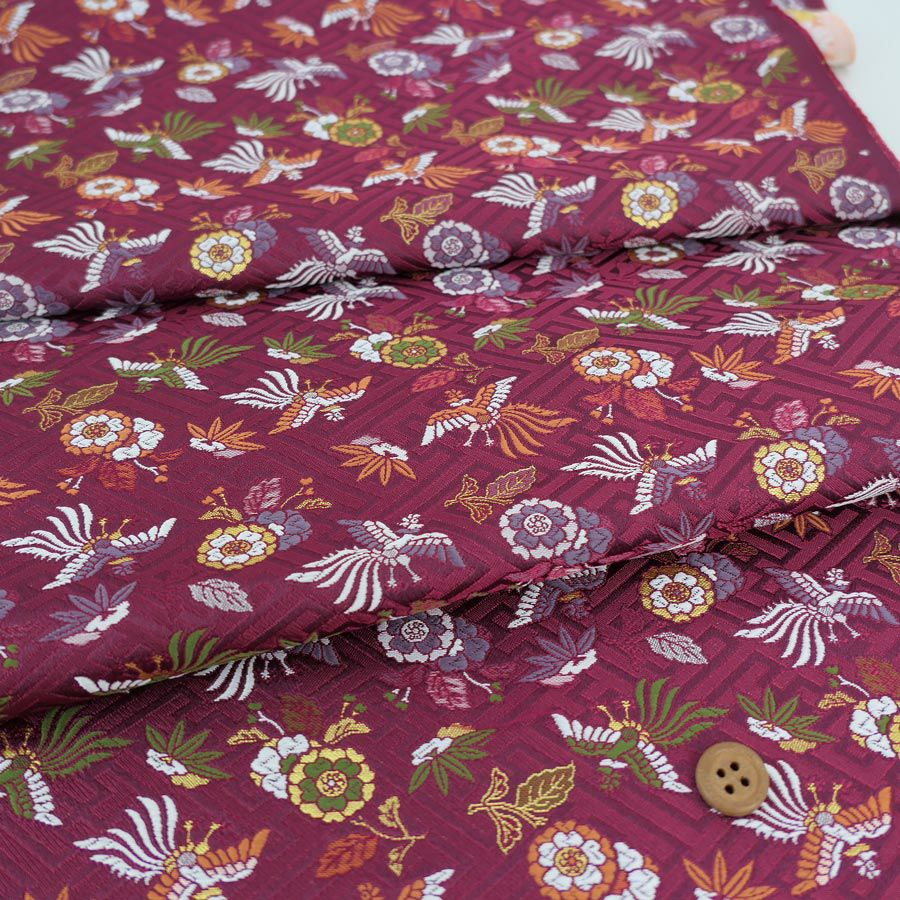 金襴生地(金らん) さやがた地に鳳凰と花(えんじ) 10cm単位 切り売り 鳳凰柄織物 西陣織きんらん 吉祥文様和柄布赤系色 伝統柄さや型