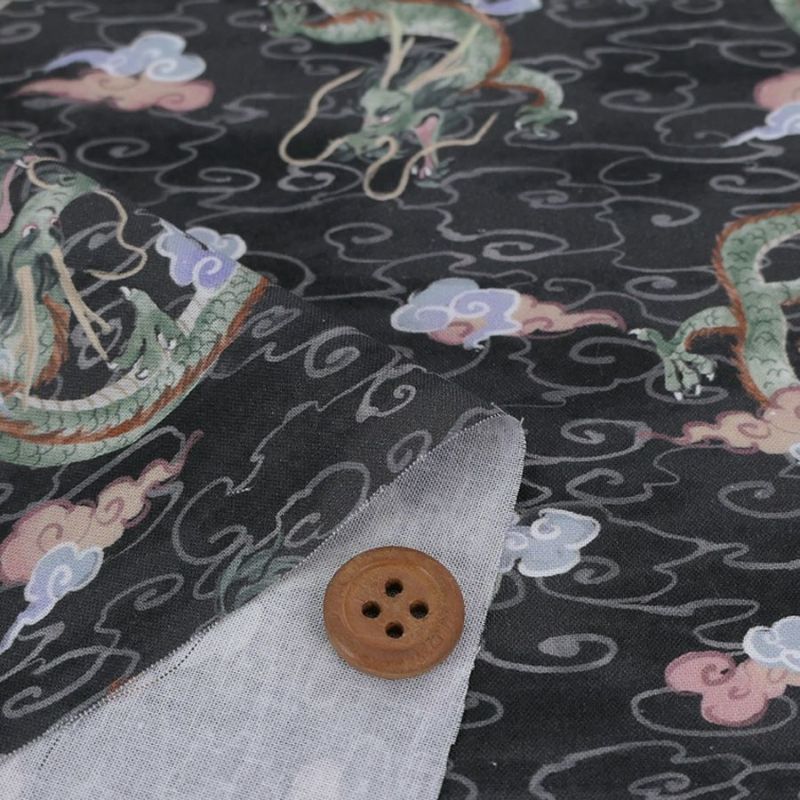 和柄コットン生地 雲海の龍(チャコールグレー)