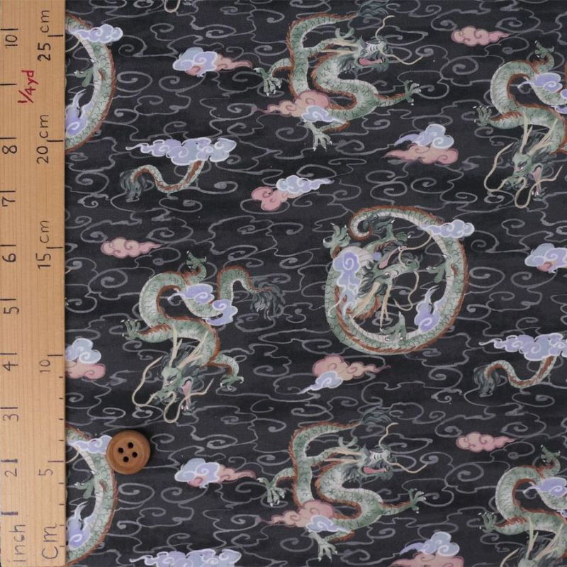 和柄コットン生地 雲海の龍(チャコールグレー)