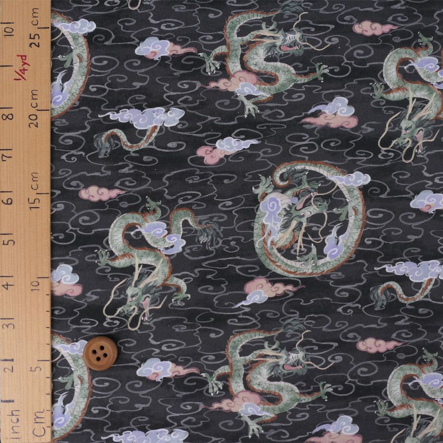 和柄コットン生地 雲海の龍(チャコールグレー)