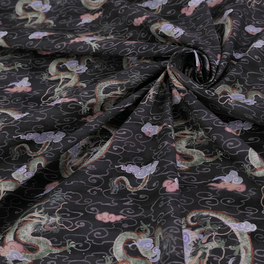 和柄コットン生地 雲海の龍(チャコールグレー)