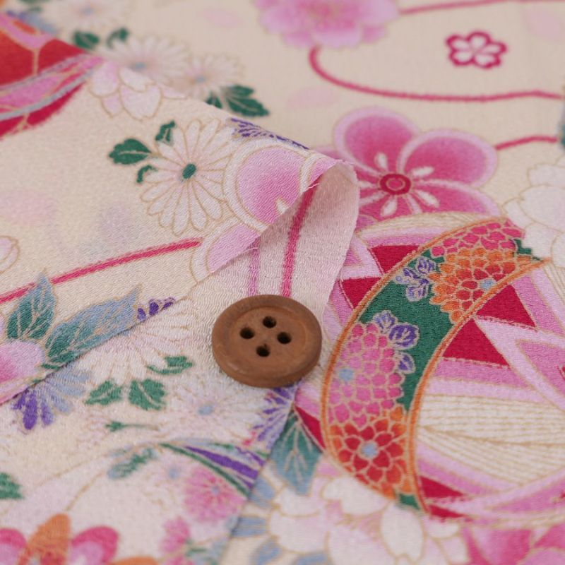 ポリちりめん生地 雅手まり花尽くし(アイボリー/桃) 10cm単位 切り売り