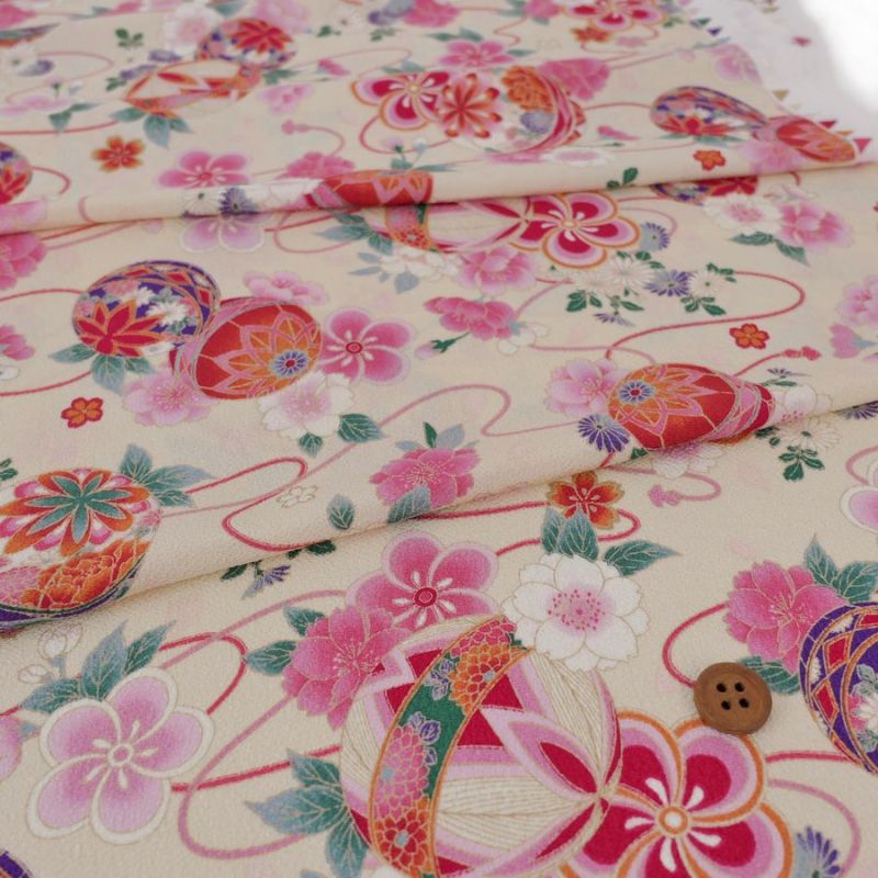 ポリちりめん生地 雅手まり花尽くし(アイボリー/桃) 10cm単位 切り売り