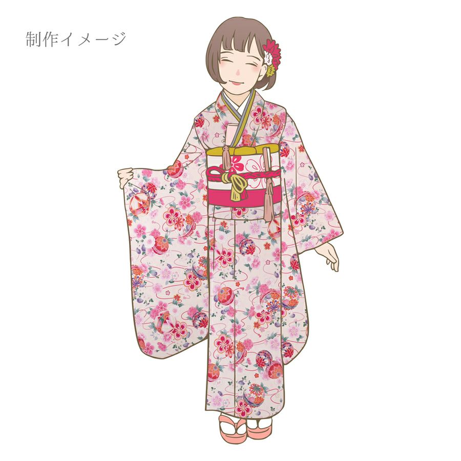 ポリちりめん生地 雅手まり花尽くし(アイボリー/桃) 10cm単位 切り売り