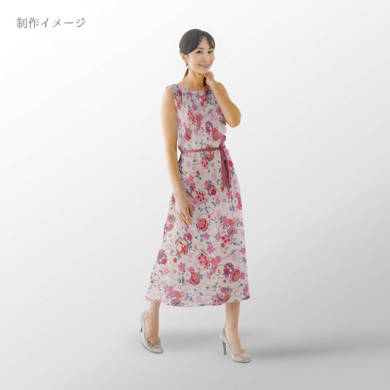 ポリちりめん生地 雅手まり花尽くし(アイボリー/桃) 10cm単位 切り売り