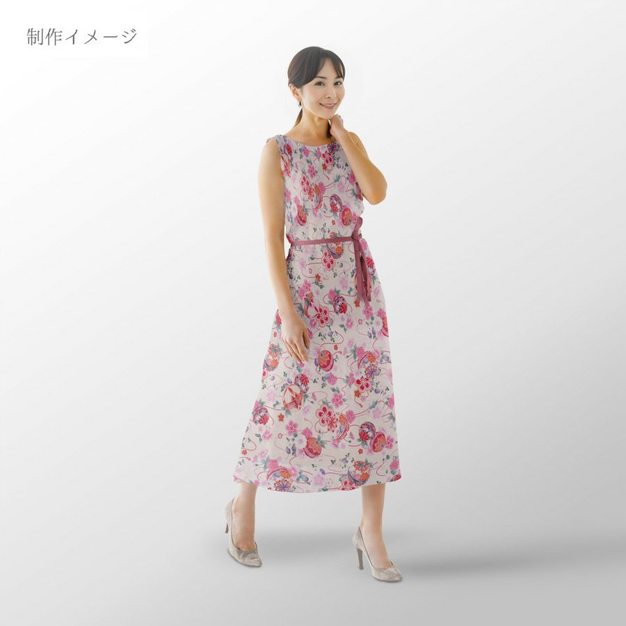 ポリちりめん生地 雅手まり花尽くし(アイボリー/桃) 10cm単位 切り売り