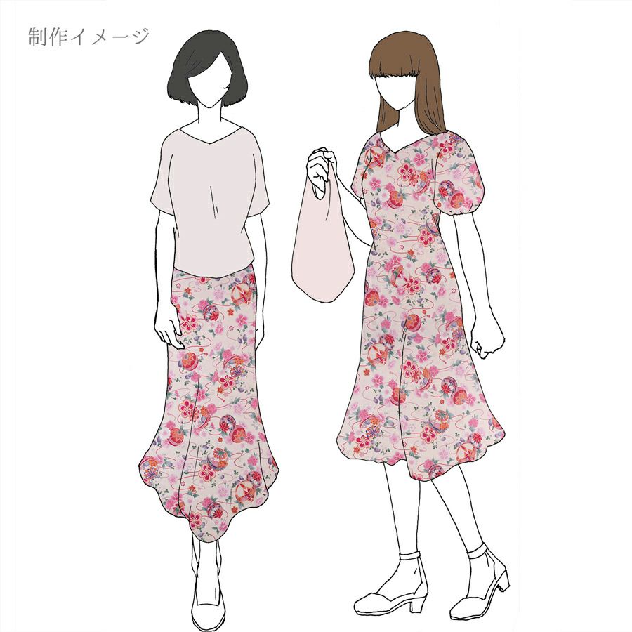 ポリちりめん生地 雅手まり花尽くし(アイボリー/桃) 10cm単位 切り売り