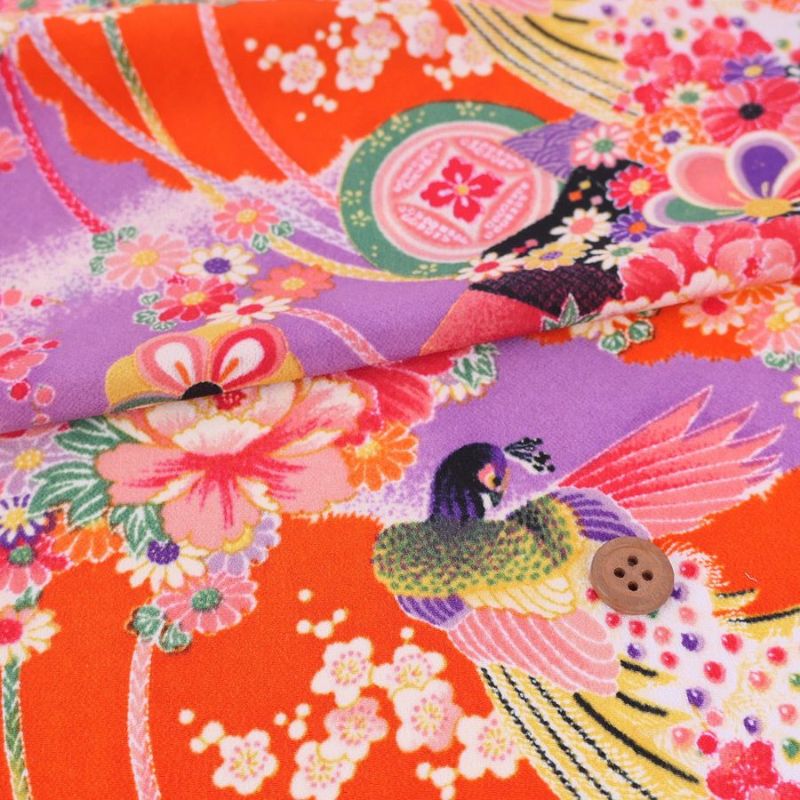 一越ちりめん生地 花孔雀(オレンジ) 10cm単位 切り売り