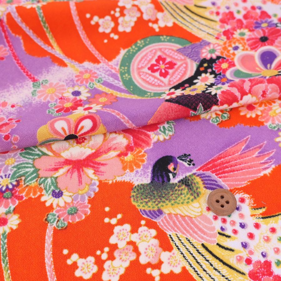 一越ちりめん生地 花孔雀(オレンジ) 10cm単位 切り売り