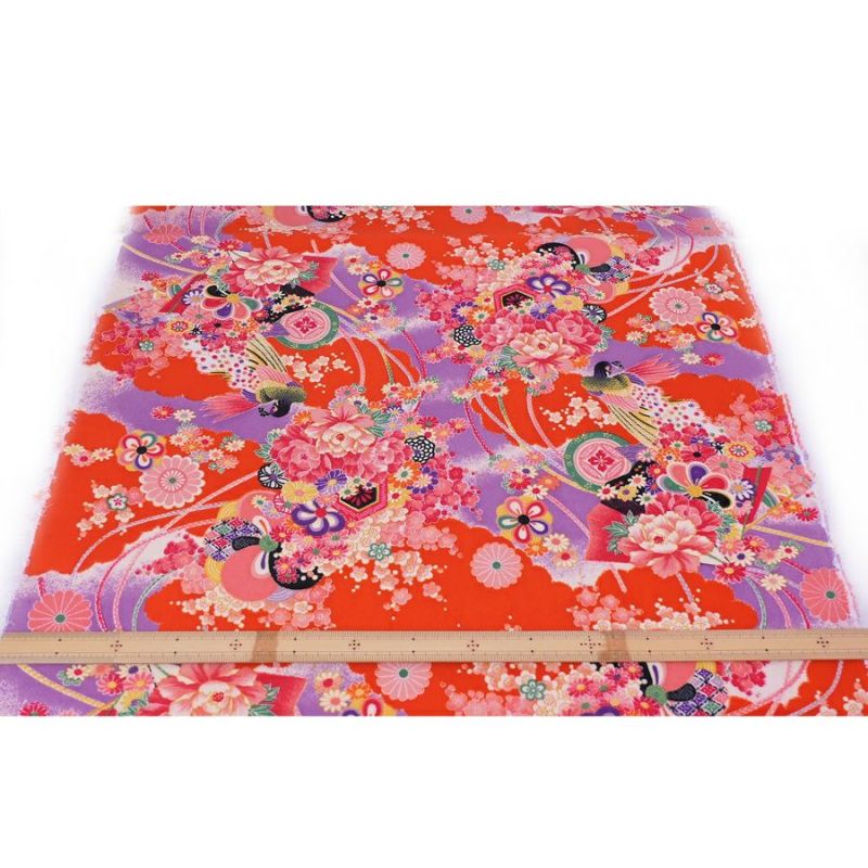 一越ちりめん生地 花孔雀(オレンジ) 10cm単位 切り売り