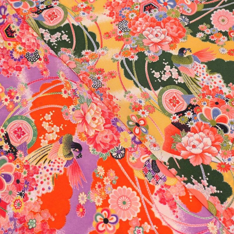一越ちりめん生地 花孔雀(オレンジ) 10cm単位 切り売り
