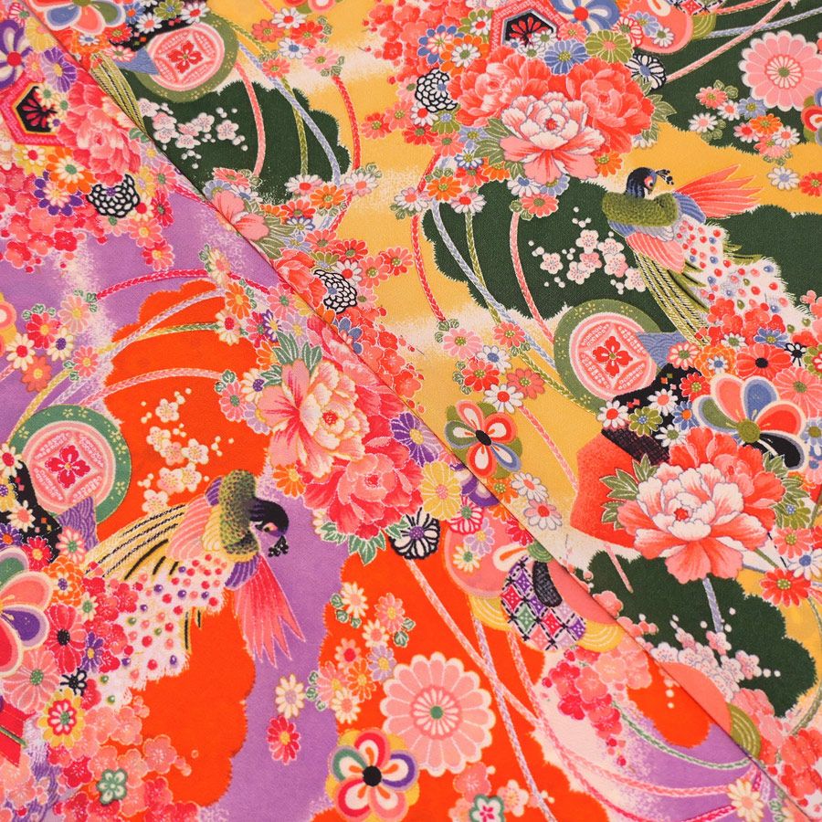 一越ちりめん生地 花孔雀(オレンジ) 10cm単位 切り売り