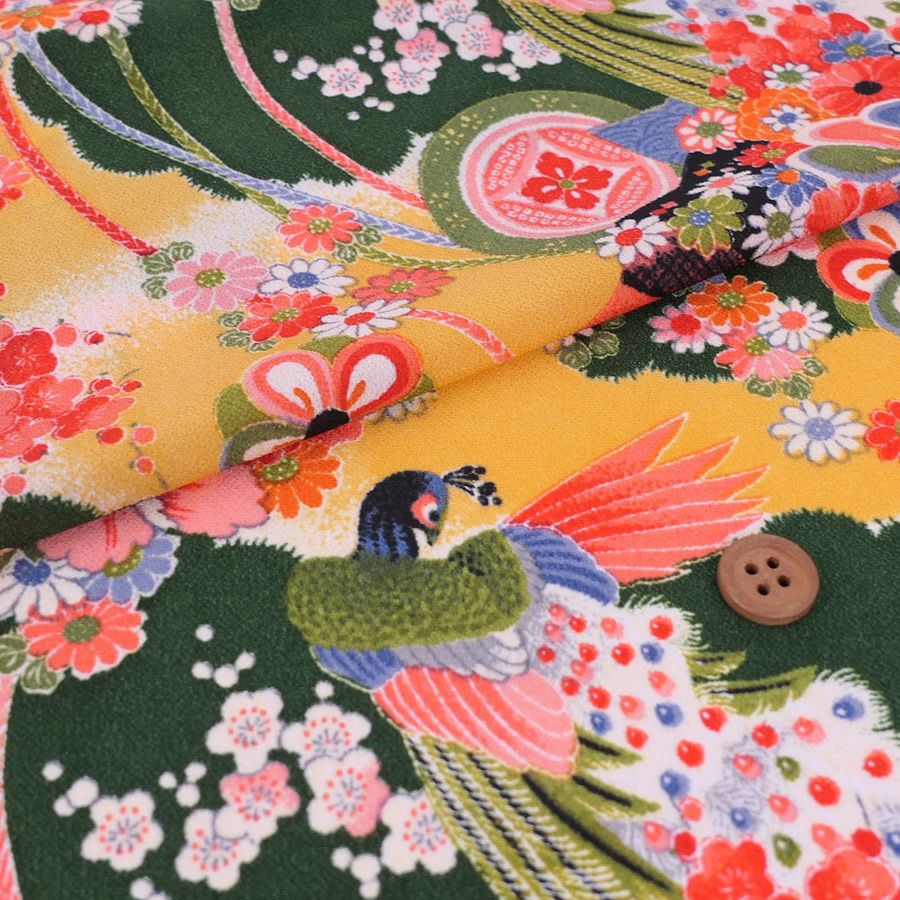 一越ちりめん生地 花孔雀(深緑) 10cm単位 切り売り