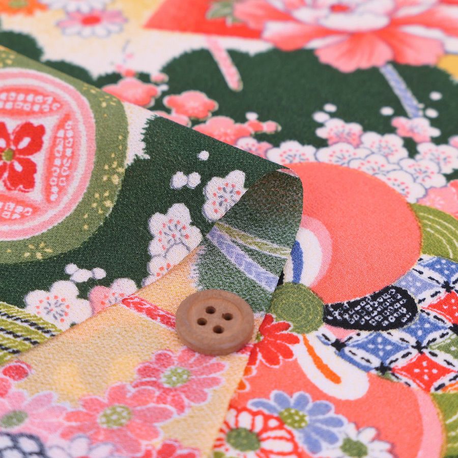 一越ちりめん生地 花孔雀(深緑) 10cm単位 切り売り