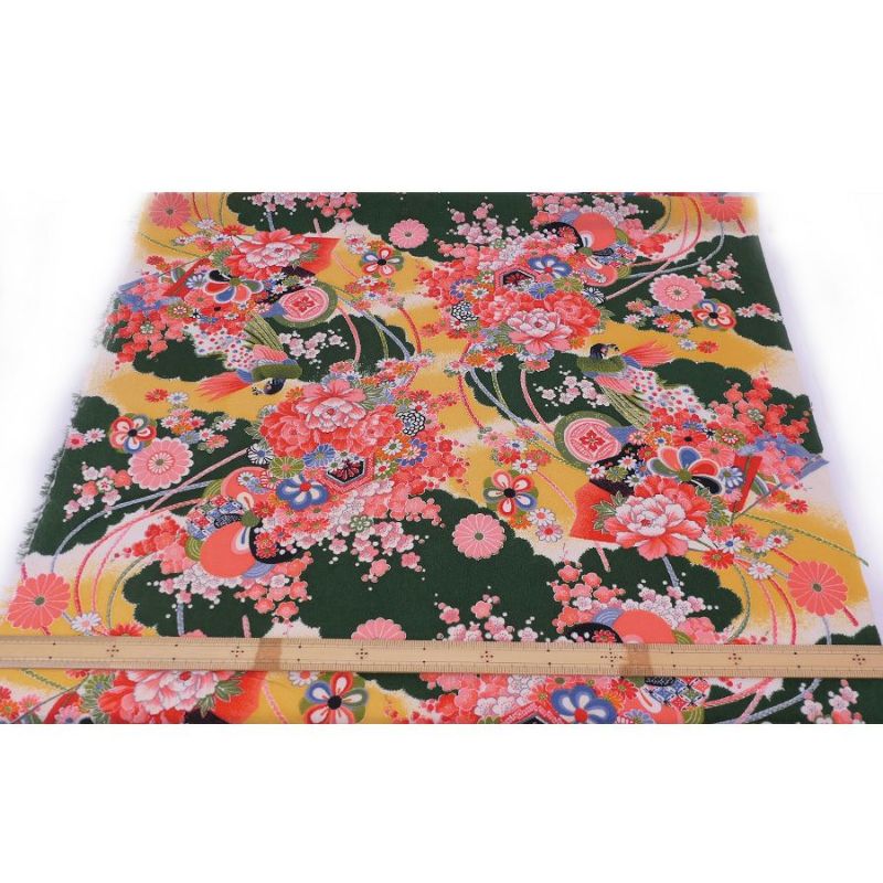 一越ちりめん生地 花孔雀(深緑) 10cm単位 切り売り