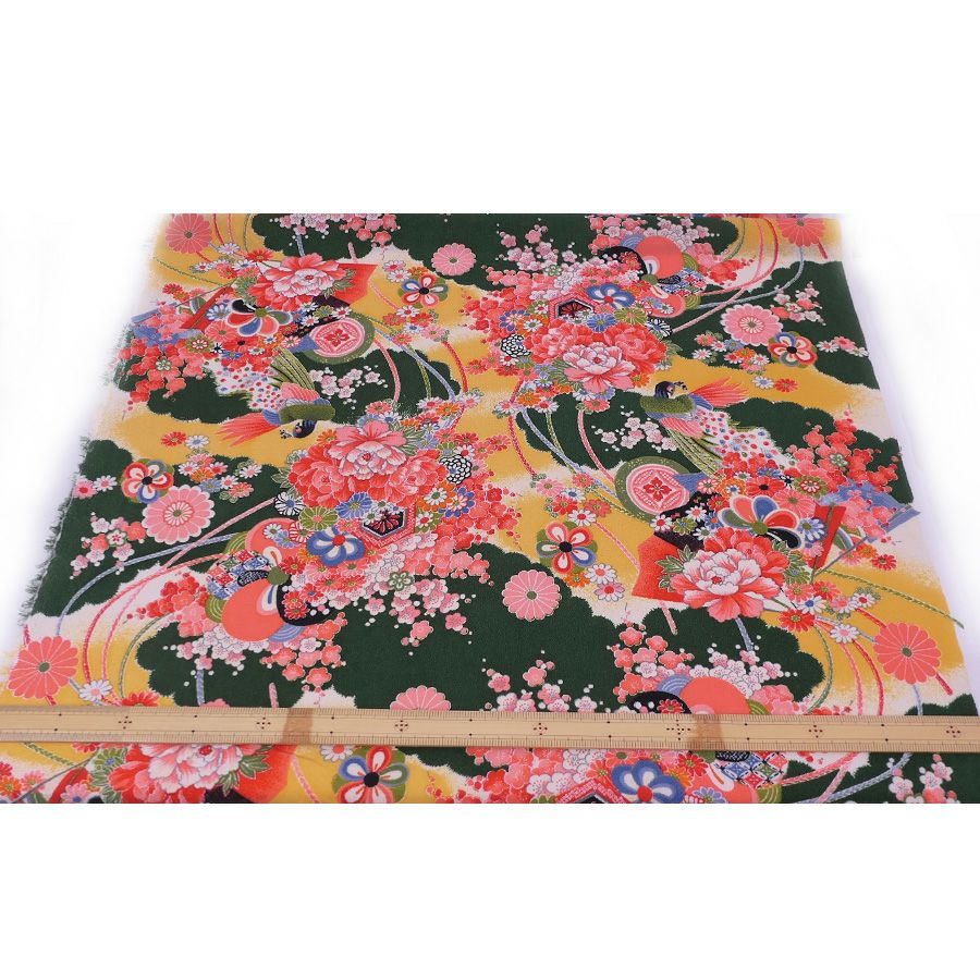 一越ちりめん生地 花孔雀(深緑) 10cm単位 切り売り