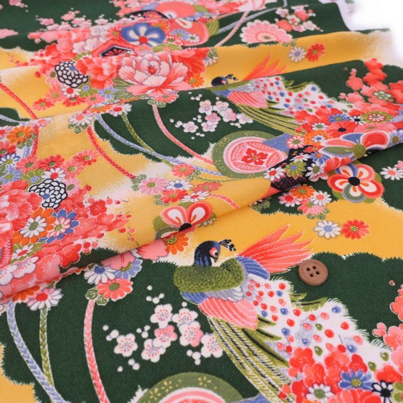 一越ちりめん生地 花孔雀(深緑) 10cm単位 切り売り