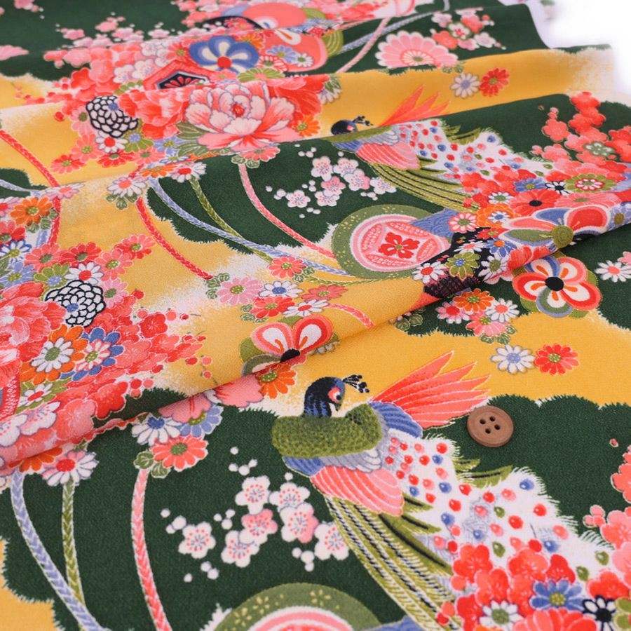 一越ちりめん生地 花孔雀(深緑) 10cm単位 切り売り