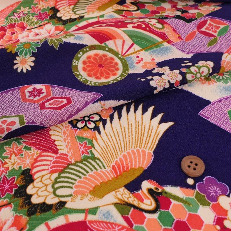 一越ちりめん生地 鶴に扇(江戸紫) 10cm単位 切り売り