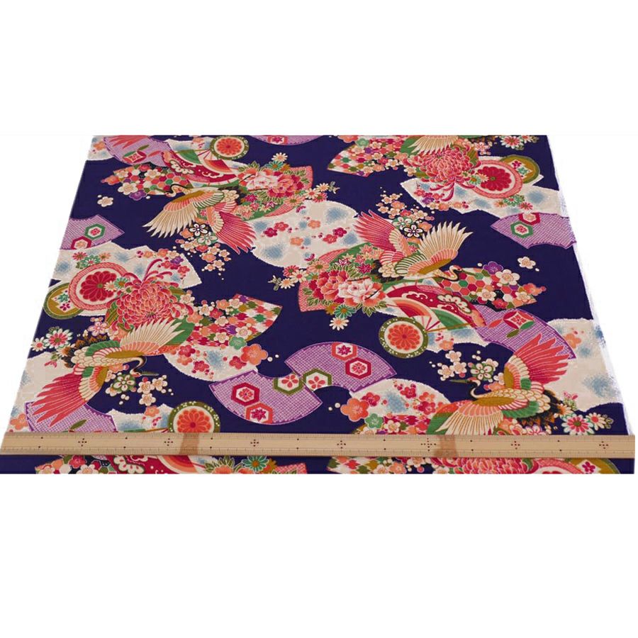 一越ちりめん生地 鶴に扇(江戸紫) 10cm単位 切り売り