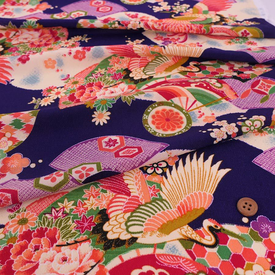 一越ちりめん生地 鶴に扇(江戸紫) 10cm単位 切り売り