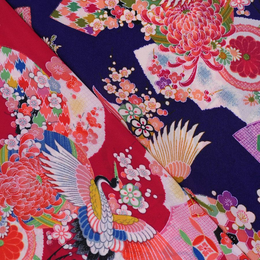 一越ちりめん生地 鶴に扇(江戸紫) 10cm単位 切り売り