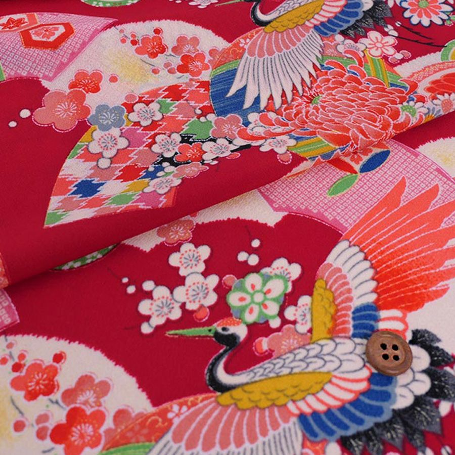 一越ちりめん生地 鶴に扇(深紅) 10cm単位 切り売り