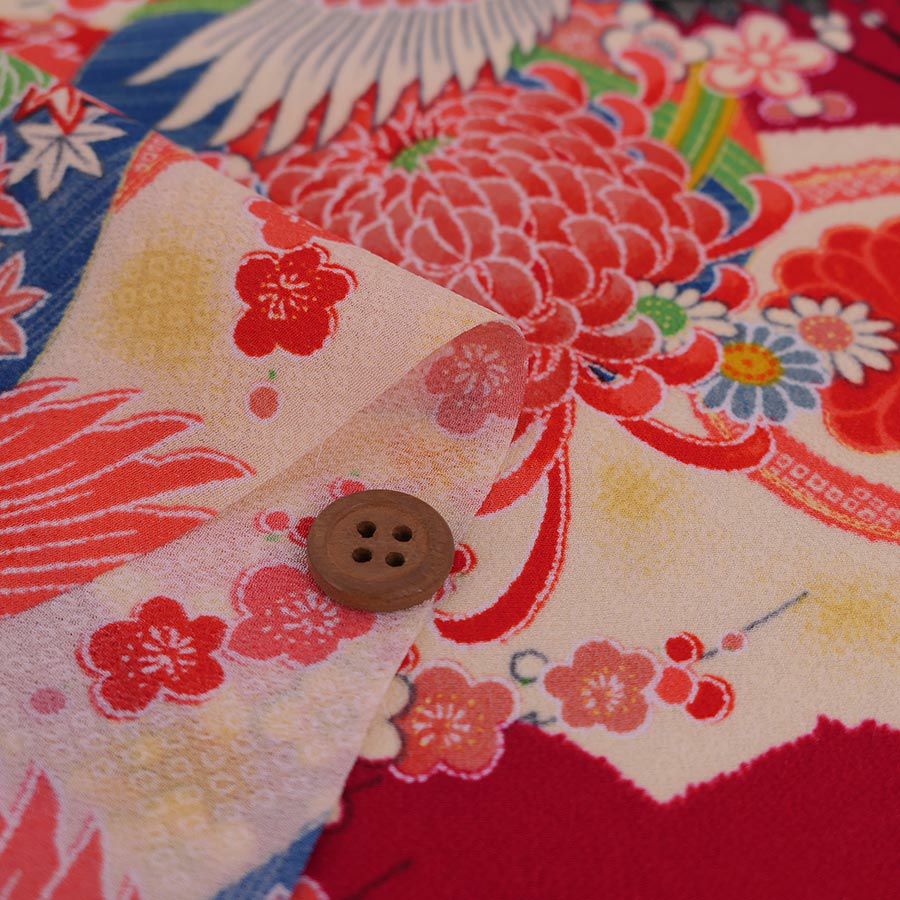 一越ちりめん生地 鶴に扇(深紅) 10cm単位 切り売り