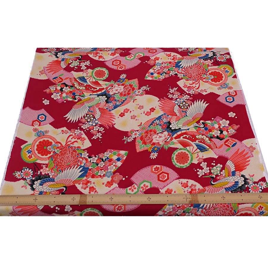 一越ちりめん生地 鶴に扇(深紅) 10cm単位 切り売り