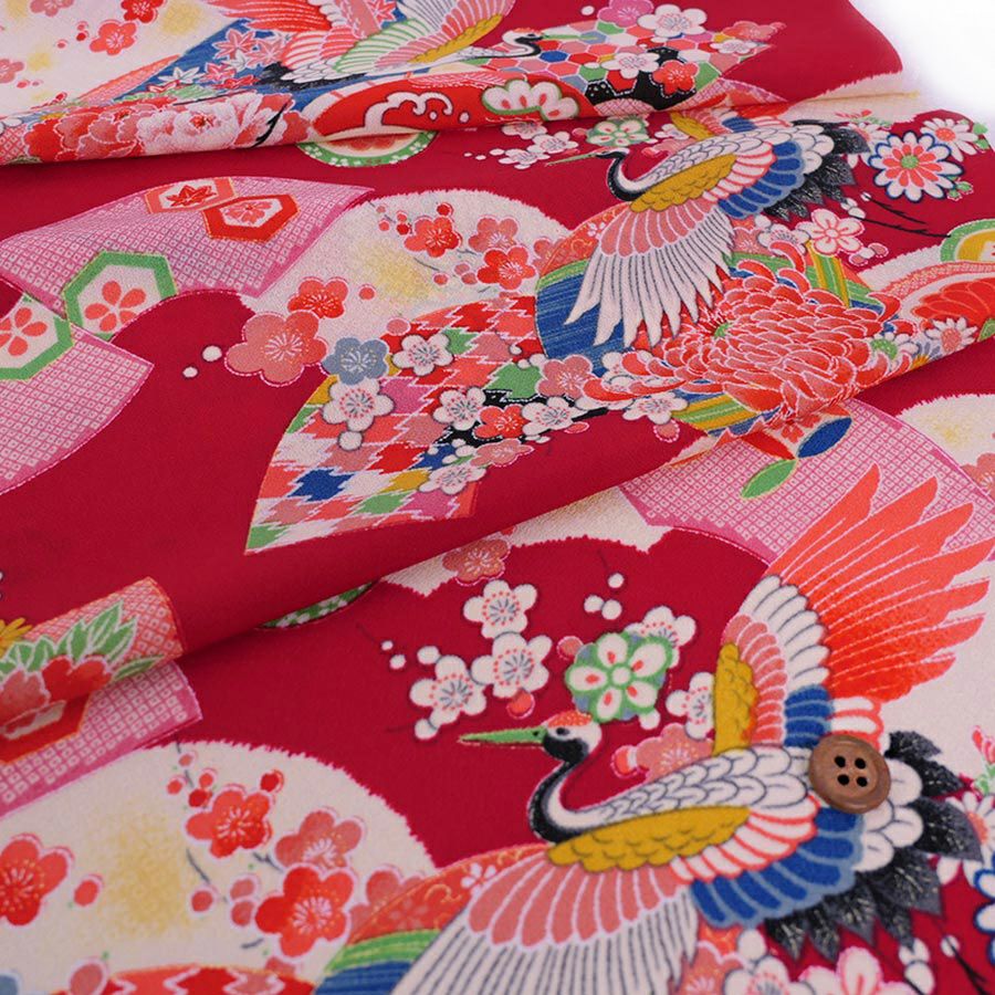 一越ちりめん生地 鶴に扇(深紅) 10cm単位 切り売り