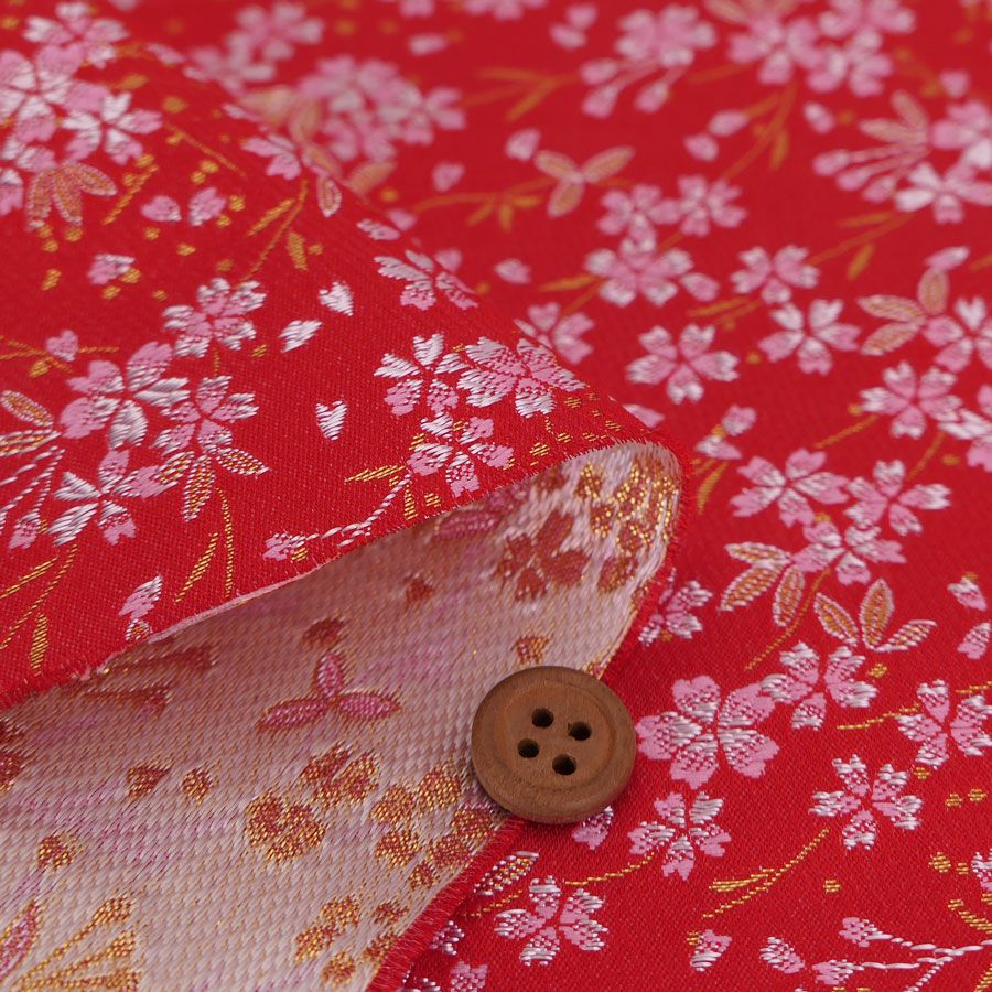 金襴生地(金らん) 桜花の舞(赤) 10cm単位 切り売り