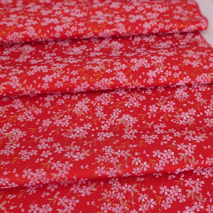 金襴生地(金らん) 桜花の舞(赤) 10cm単位 切り売り