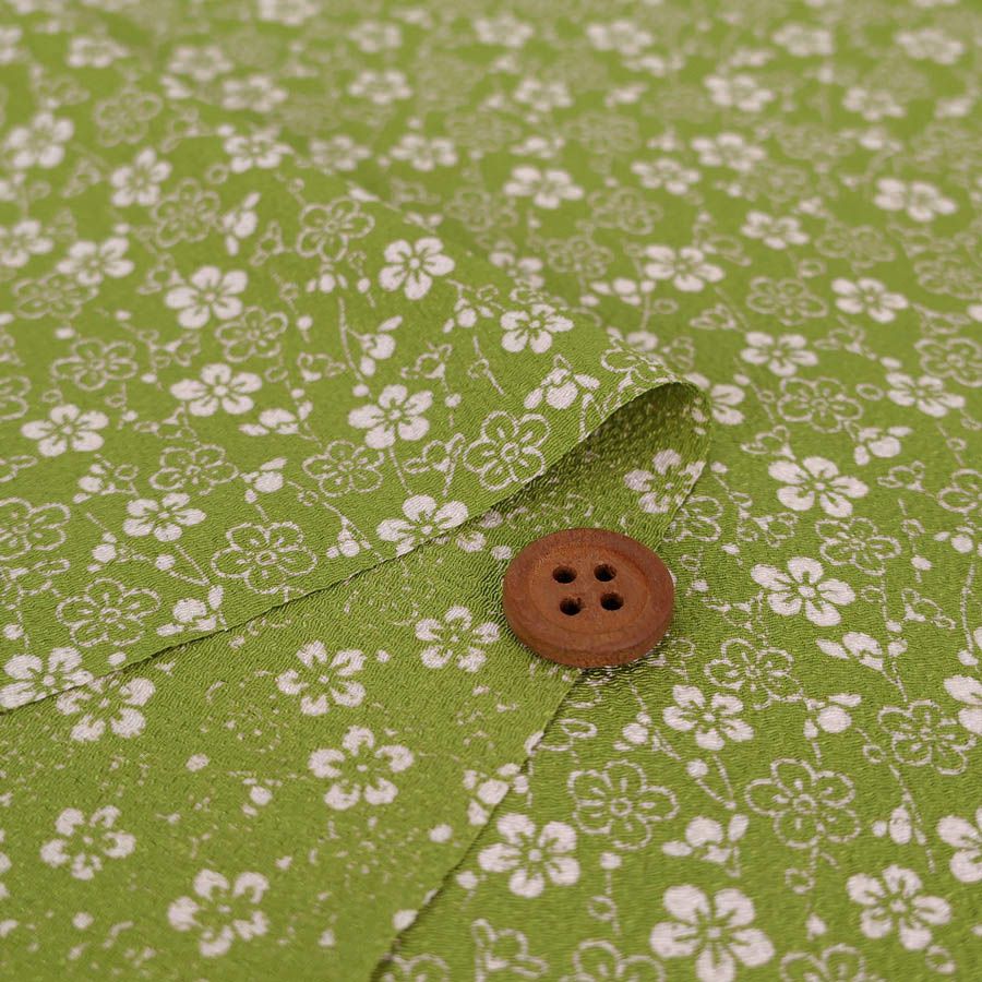 ポリちりめん生地 流れ梅(グリーン) 10cm単位 切り売り