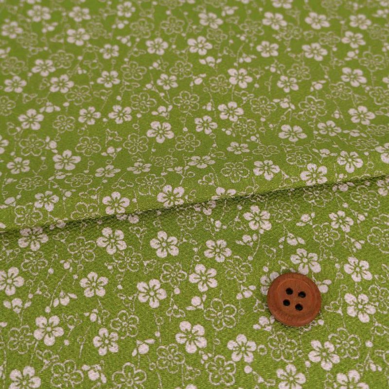 ポリちりめん生地 流れ梅(グリーン) 10cm単位 切り売り