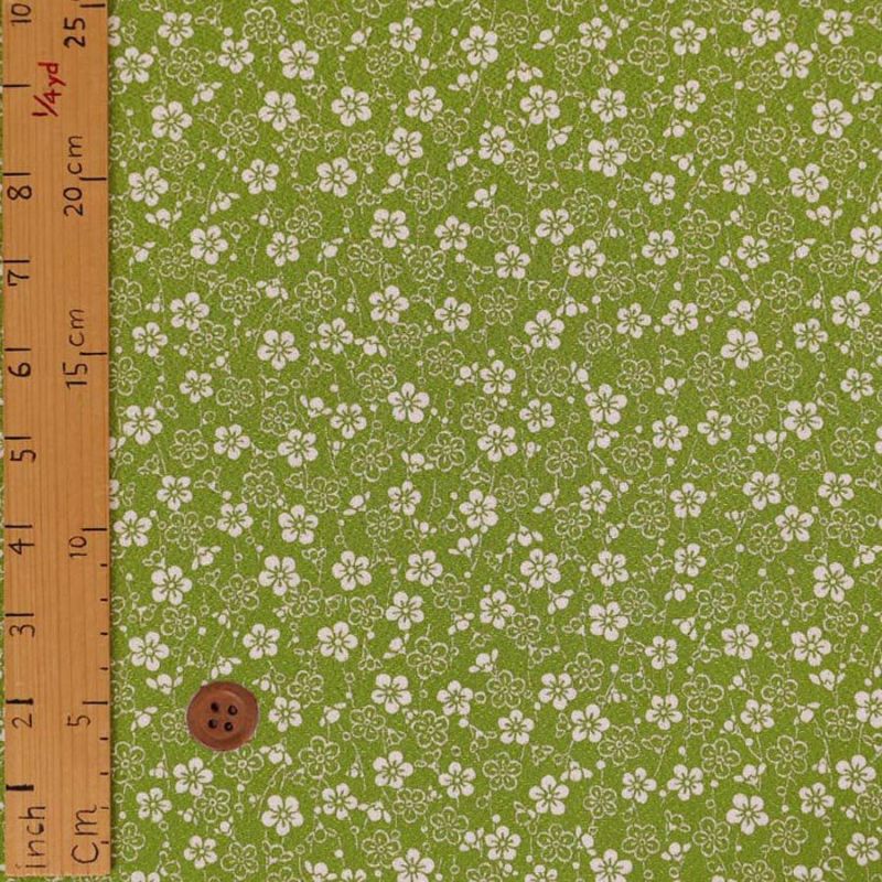 ポリちりめん生地 流れ梅(グリーン) 10cm単位 切り売り